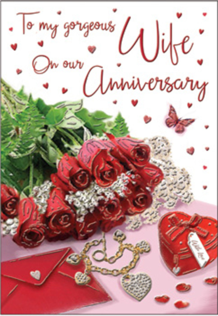 In this richly detailed anniversary card illustration, a bouquet of classic red roses takes the starring role, arranged with the kind of care you'd expect from Highbury Florist preparing a special order for long-time partners. Each rose is luxuriously full, with layered petals opening outward in deep, velvety crimson, the colour of devoted love. The stems and leaves weave together in natural green tones, adding freshness and balance, like a glance of foliage along Highbury Park on a spring morning. The flowers appear to rest on or slightly above a textured card surface, where delicate lace patterns and subtle heart motifs quietly frame the composition. Nearby, a jewellery set is displayed with understated elegance-a shimmering pair of earrings or a slender necklace that catches the light with every gentle curve. A vivid red box, small and perfectly wrapped, is positioned suggestively close, its smooth finish and bow hinting at a meaningful anniversary gift already chosen with care. The card's scripted message flows in graceful lettering, partly visible but not fully legible, leaving room for the viewer to imagine the affectionate words within. Textures play a crucial role here: velvet-like petals, the soft sheen of silk or ribbon, the gleam of polished metal, and the fine weave of lace all combine to evoke touch as much as sight. The overall atmosphere is intimate and warmly romantic, reminiscent of returning home from a walk past Highbury Corner to find roses, gifts, and loving words waiting on the table. This image encapsulates the feeling of an anniversary celebrated thoughtfully, where every element-from roses to jewellery-symbolises memories cherished and love renewed.