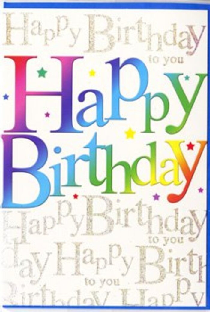 The front of this birthday card glows with the same vibrant energy you might feel strolling down a lively stretch of Upper Street in Highbury on a weekend evening. Centred across the card, the phrase Happy Birthday is printed in large, softly rounded letters that carry a velvety rainbow gradient. Colours flow seamlessly from deep ruby red and raspberry into bright tangerine, mellow golden yellow, verdant green, turquoise blue, and a touch of violet, creating the impression of light passing through a prism. Each letter holds its own colour yet merges smoothly with the next, like petals blending through a mixed bouquet. Around the main text, fine flecks and dots of colour add movement and fun, suggesting party confetti scattered across a table set for cake. The background offers a more delicate counterpoint: a pale, creamy surface overlaid with line after line of looping gold script, each line repeating the phrase Happy Birthday to you. This script is slender, elegant, and looks to be printed in a metallic ink that shimmers gently when tilted, catching the light in the same subtle way fairy lights might twinkle in a Highbury back garden. The contrast between the bold, rainbow letters and the refined golden script creates a sense of considered design-playful, but with thoughtful detail. The card itself appears to be made from smooth, good-quality stock with a slightly luxurious feel. Overall, the image conveys warmth, excitement, and sincere well-wishes, the kind of card that would sit beautifully beside a vibrant birthday bouquet delivered to a Highbury home or office, instantly brightening the space.