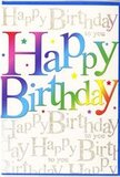This striking birthday card captures the feeling of a cheerful celebration tucked away in one of Highbury's cosy homes, its design bold yet elegantly detailed. Across the centre, the words Happy Birthday are written in generous, rounded letters that seem to float above the surface. Each letter is suffused with a rainbow gradient that glides through deep red, pink, orange, lemon yellow, grassy green, teal, and bright sky blue, echoing the colourful mix of balloons or bunting at a lively gathering near Highbury Fields. Tiny spots, sprinkles, and celestial star shapes in coordinating hues cluster around the lettering, giving the impression of confetti suspended in mid-air. In the background, a soft, neutral base colour is intricately overlaid with delicate gold script, endlessly repeating Happy Birthday to you in flowing, cursive lines. This script appears to shimmer with a fine metallic sheen, catching and reflecting light with each small shift, like sunshine flickering through leaves on a tree-lined Highbury street. The interplay between the vivid central message and the subtle, glimmering backdrop creates a sophisticated yet light-hearted mood. The texture looks smooth and slightly silky, suggesting a premium card stock that would feel substantial and pleasant when held. It is easy to imagine this card propped beside a vase of fresh flowers, its colour palette complementing bright blooms delivered locally. Emotionally, the design conveys joy, affection, and the intention to make someone feel truly special, perfectly suited for celebrating a milestone or simply making a birthday in Highbury feel that little bit more unforgettable.