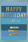 The image showcases a refined birthday card that marries soothing colour with understated sparkle. The front of the card is covered in generous horizontal stripes of blue, each band a slightly different shade so the colours flow gently from a dark navy at the top down through cobalt, teal, and into a pale, airy sky blue at the bottom. This gradation feels as restful as a clear day over Highbury Fields, spreading gently from horizon to horizon. Across the central portion, the phrase HAPPY BIRTHDAY stands out in large, gold-foiled capital letters, cleanly embossed so that the text is both seen and felt. The gold has a mellow sheen, glowing rather than glaring, and it contrasts gracefully against the cool blues beneath. Just below this central greeting, a delicate golden flourish curls outward, like a small decorative underline that adds a touch of classical charm. Beneath the flourish sit three narrow golden banners, carefully aligned one under another, each carrying part of a friendly message: Relax, have a great day and enjoy! The banners resemble neatly cut ribbons, slightly raised and sharply defined at the edges. A fine gold line runs around the margin of the card, framing the blues and tying the whole design together, much like a subtle frame around a favourite print in a Highbury home. The card appears to have a smooth, matte surface, with the foil elements introducing a silky, reflective texture. Altogether, the effect is one of calm, considered celebration-a perfect companion to a fresh birthday bouquet delivered locally, inviting the recipient to pause, breathe, and fully enjoy their special day.
