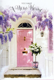 A Highbury home's entrance is rendered here as a soft, romantic vignette, where pastel colour and floral abundance work together to embody the feeling of arrival. The scene centres on a pale pink door, its paintwork smooth and luminous against simple whitewashed walls, evoking the gentle charm of the terraced streets around Highbury & Islington. To the side, a blush-toned shutter adds symmetry and a reassuring sense of balance. Above, trailing wisteria hangs in luxuriant cascades of lavender and light purple, the blossoms forming a natural canopy over the doorway, with individual clusters catching the light and casting faint, patterned shadows. On the top step, at the very threshold, a grey tin bucket takes pride of place, filled with a generous bouquet of white and cream roses. Their petals appear full and layered, some gently curling at the edges, suggesting freshness and softness to the touch. Slender stems of fresh green foliage are woven through the roses, offering a hint of woodland texture and a cool contrast to the warm neutrals of the blooms. A pink ribbon, tied thoughtfully around the bucket, provides a finishing detail that mirrors the tone of the door and gives the arrangement a cohesive, curated look. The simple stone steps lead the eye up to this floral welcome, inviting you to imagine the moment when someone returns from errands on Upper Street to find this housewarming surprise waiting. The mood is serene yet full of possibility, like a quiet blessing placed at the threshold, expressing congratulations, warmth, and the gentle assurance that this Highbury house is ready to become a cherished home.
